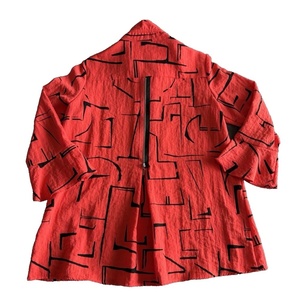 Ali Miles Red Printed Wire collar Button Down Top Size S Back Zipper 3/4 Sleeves - Picture 3 of 12